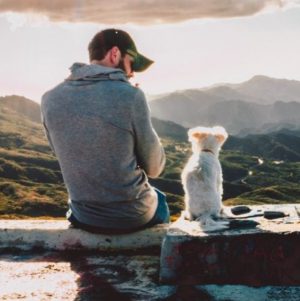 Man and small white dog sitting on rock looking out into the mountains.