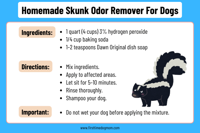 Recipe card showing a homemade skunk odor remover for dogs made with hydrogen peroxide, baking soda, and dish soap.