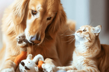 A Golden Retriever and a cat playing together with toys.