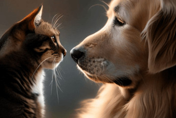 A Golden Retriever and a cat looking into each other's eyes.