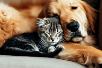 A Golden Retriever and a cat cuddling together on a sofa.