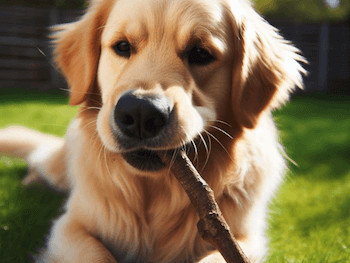 A Golden Retriever chewing a stick while lying on the grass.