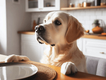 A Golden Retriever sitting at a dinner table with a place setting waiting for food.