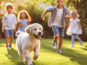 Four young children running with a Golden Retriever puppy on the grass.