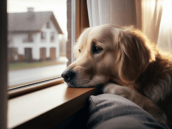A Golden Retriever looking out of a window inside a home.