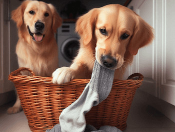 A Golden Retriever stealing a sock out of a laundry basket while another Golden Retriever watches.