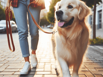 A Golden Retriever being walked on leash by a woman.