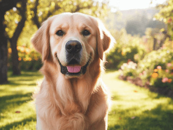 A happy Golden Retriever sitting outside in a field of grass.