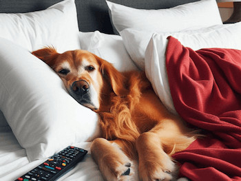 A Golden Retriever laying in a human bed underneath the covers with a TV. remote beside him.
