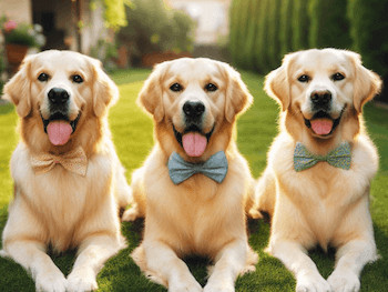 Three happy Golden Retrievers wearing bowties while laying on the grass.
