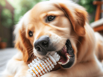 A Golden Retriever chewing on a white rubber dental toy.