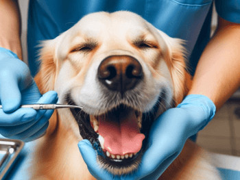 A veterinarian cleaning a Golden Retriever's teeth.