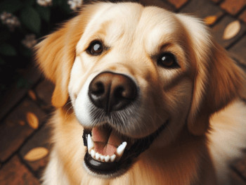 A happy Golden Retriever with a bright white smile.