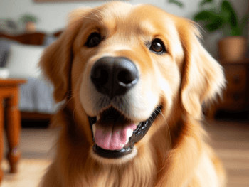 A happy Golden Retriever looking at you.