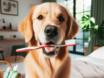 A Golden Retriever holding a toothbrush in his mouth.