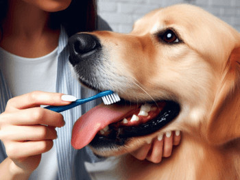 A woman brushing a Golden Retriever's teeth.
