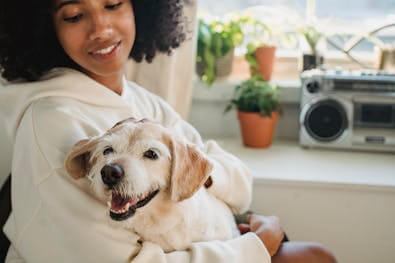 A small white happy dog sitting on a woman's lap.