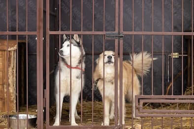 A Husky and a Golden Retriever enclosed in a dog shelter.