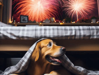 A Golden Retriever hiding under a bed while fireworks are going on outside.