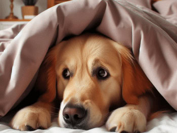 A scared Golden Retriever hiding underneath a blanket.