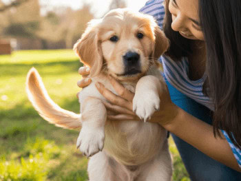 A woman holding a Golden Retriever puppy.