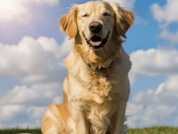 A Golden Retriever with squinted eyes and a smile sitting outside.