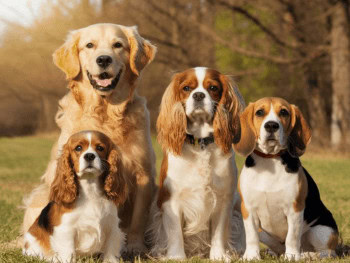 A Golden Retriever, Cavalier King Charles Spaniel, Cocker Spaniel, and Beagle sitting next to each other outside.