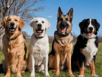 A Golden Retriever, Labrador Retriever, German Shepherd, and Bernese Mountain Dog sitting next to each other outside.