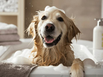 A happy Golden Retriever in a bathtub filled with suds.