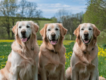 Three happy Golden Retrievers sitting next to each other in a field of grass looking at you.