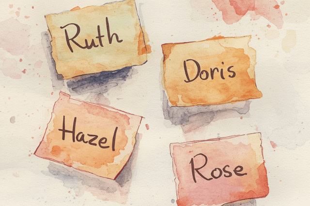 Watercolour-style graphic with vintage post-it notes featuring the grandma dog names Ruth, Doris, Hazel, and Rose.