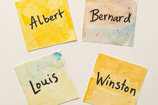Watercolour-style post-it notes with the vintage boy dog names Albert, Bernard, Winston, and Louis written on them.